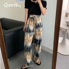 Qooth Women's Print Harem Pants 2020 Autumn Trousers Vintage Elastic Waist Long Pantalon Female Causal Palazzo Oversized QT091 Autumn Trousers, Pants 2020, Tie Dye Skirt, Free Size, Women's Clothing