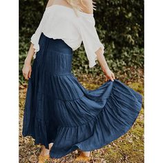 Navy Blue Bohemia Pleated High Waist Maxi Skirt Bohemian Indigo Bottoms For Spring, Bohemian High Waist Lined Maxi Skirt, Blue Tiered Lined Maxi Skirt, Blue Tiered Maxi Skirt With Lining, Blue Flowy Tiered Maxi Skirt, Flowy Blue Tiered Skirt, Blue Flared Maxi Skirt For Vacation, Bohemian Non-stretch Midi Skirt, Non-stretch Bohemian High Waist Skirt