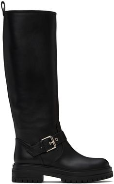 Handcrafted calf-high buffed calfskin boots in black. · Pin-buckle strap at vamp · Pull-loop at heel collar · Treaded rubber sole Supplier color: Black Leather Biker Boots, Black Boots Tall, Biker Boots, Womens Boots Ankle, Tall Boots, Black Ankle Boots, Gianvito Rossi, Leather Ankle Boots, Brown Boots