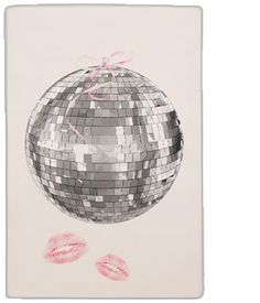 an illustration of a disco ball with two lips on the floor and pink ribbon tied to it