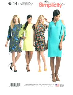 three women's dresses and one woman's dress are shown in this sewing pattern