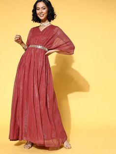 Buy gratifying maroon kaftan style lurex georgette gown with embellished belt online at affordable shopping price with Inddus. Georgette Gowns, Wedding Sharara, Georgette Gown, Embroidered Dresses, Lehenga Suit, Embellished Belt, Kaftan Style, Elegant Blouse Designs, Peplum Styling