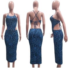 Friction blue Beautiful Leopard cheetah print bodycon maxi style dress with crisscross back Fitted Long Bodycon Dress For Summer, Summer Leopard Print Backless Dress, Trendy Bodycon Backless Dress, Casual Bodycon Maxi Dress For Club, Trendy Fitted Maxi Length Bodycon Dress, Leopard Print Stretch Bodycon Dress For Date Night, Leopard Print Club Dresses For Summer, Leopard Print Bodycon Summer Dress, Blue Fitted Midi Backless Dress