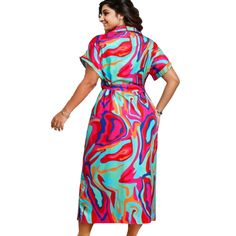 Large Hip Pleat Rainbow Shirt Dress Multicolor Collared Shirt Dress For Vacation, Multicolor Collared Shirt Dress For Summer, Casual Multicolor Short Sleeve Shirt Dress, Spring Multicolor Collared Shirt Dress, Multicolor Short Sleeve Chic Shirt Dress, Casual Multicolor Button-up Dress, Chic Multicolor Short Sleeve Shirt Dress, Printed Shirt Dress For Day Out, Printed Collared Shirt Dress For Vacation