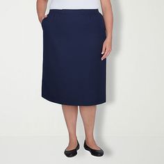 Slip into our suit skirt for a polished and professional look.Front Style: Flat FrontClosure Type: Elastic BackPockets: 2 Side Slip PocketsRise: At WaistApparel Length: 27.5 InchesFiber Content: 100% PolyesterFabric Description: WovenLining: UnlinedSkirt Length: Knee LengthCare: Machine WashSkirt Type: Pencil SkirtsCountry of Origin: Imported Elegant Solid Mini Skirt With Pockets, Solid Color Pencil Skirt With Pockets For Office, Pencil Skirt With Pockets For The Office, Office Pencil Skirt With Pockets, Solid Pencil Skirt With Pockets For Office, Navy Fitted Skort For Workwear, Fitted Navy Skort For Work, Office Wear Solid Skort With Lined Skirt, Fitted Blue Pencil Skirt With Pockets