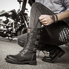 Winter Biker Boots With Lace-up, Casual Moto Boots For Winter Biker Events, Knee-high Martin Boots For Winter Streetwear, Winter Biker Work Boots For Outdoor, Casual Moto Boots For Biker Events In Winter, Winter Biker Style Work Boots For Outdoor, Mid-calf Moto Boots For Fall Outdoor Activities, Fall Mid-calf Moto Boots For Outdoor, Fall Outdoor Mid-calf Moto Boots