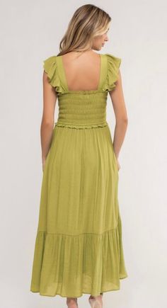 Rayon and Polyester Casual A-line Maxi Dress With Smocked Back, Spring Sundress In Solid Color, Casual Sleeveless Maxi Dress For Garden Party, Casual Green Midi-length Sleeveless Dress, Casual Maxi Sleeveless Dress For Garden Party, Casual Maxi Length Sleeveless Dress For Garden Party, Solid Color Dresses For Spring And Summer, Casual Green Ruffled Dress, Chic Green Cotton Sundress