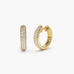 14k Double Row Micro Pave Petite Diamond Hoops Details	Made to Order.	Gold Kt: 14K	Custom Gold Color: Rose Gold, Yellow Gold, White Gold	Inner Diameter: 10 MM	Outer Diameter: 12. 5 MM	Round Diamond: 44 pcs 1.25MM	Total CTW: 0.38 (pair)	Diamond Color-Clarity: G Color SI1 Clarity	Setting Type: Micro-Pave
Shipping Time 10-12 Working Days Earrings Double, Diamond Huggies, Thoughtful Gifts For Her, Diamond Hoop Earrings, Huggie Hoop Earrings, Diamond Color, Jewelry Earrings Hoops, Micro Pave, Gold Hoop