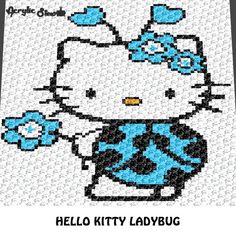 the hello kitty ladybug cross stitch pattern is shown in blue and white colors