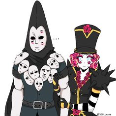 two people dressed in costumes, one wearing a hat and the other with skulls on their hands