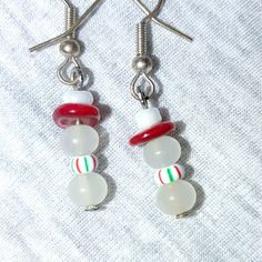 Custom-Made Snowman Vintage Repurposed Bead Earrings Handmade White Christmas Earrings, White Christmas Jewelry With Colorful Beads, Handmade White Earrings For Christmas, Christmas White Beaded Dangle Earrings, White Christmas Beaded Dangle Earrings, White Beaded Christmas Dangle Earrings, White Holiday Earrings With Ear Wire, White Beaded Dangle Earrings For Christmas, White Ear Wire Earrings For Holiday