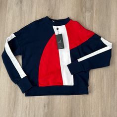 New With Tags Ls Sweatshirt Navy, Red, White Off Shoulder Sweater, Detailed Sweater, Shoulder Sweater, Grey Sweatshirt, Red Fashion, Pullover Sweatshirt, Knit Top, Puff Sleeve, Red White