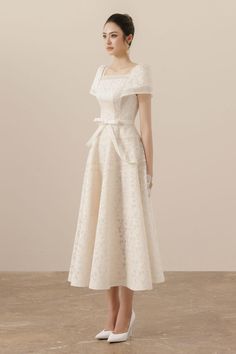 Esme A-line Square Neck Mesh Lace Midi Dress | MEAN BLVD A-line Lace Midi Dress For Garden Party, Midi Dress With Fitted Lace Bodice, Beige A-line Midi Dress For Wedding, Off White Dresses Classy, Midi Dress With Lace Trim And Fitted Bodice, Elegant Midi Dress With Lace Bodice, Beige A-line Midi Dress For Banquet, Lace Patchwork Midi Dress For Wedding, Fitted A-line Lace Dress For Wedding Guest