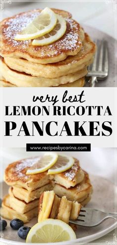 lemon ricotta pancakes on a plate with blueberries and lemon wedges