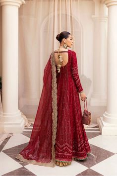 Elegant Deep Red embellished Pakistani Wedding Dress Frock Pishwas is exquisitely designed Embroidered Chickenkari chiffon Peshwas, masterfully crafted is a testament to timeless elegance and craftsmanship. From its rich embellishments to the intricately detailed neckline, every element speaks volumes of sophistication. This crimson ensemble is paired with an alluring Tinsel Organza dupatta, embroidered with exquisite Tilla borders, ensuring you captivate and enchant with every twirl and gaze. P Red Dress For Wedding And Eid Celebration, Red Wedding Dress For Eid, Red Gown With Resham Embroidery For Eid, Red Unstitched Gown For Designer Wear, Red Unstitched Designer Gown, Designer Georgette Gown With Intricate Embroidery, Red Party Wear Dupatta With Intricate Embroidery, Formal Red Lehenga With Intricate Embroidery, Red Wedding Dress With Resham Embroidery