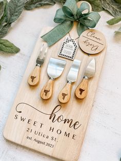 wooden cutting board with personalized kitchen utensils