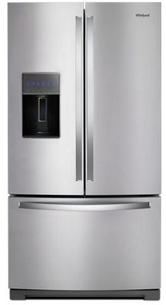 a silver refrigerator freezer sitting next to a white wall with the door open and water dispenser on it