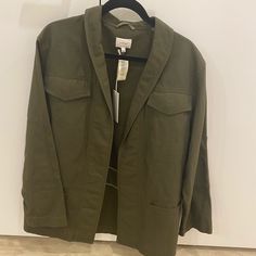 Tags On. Never Worn. Size Large Fall Utility Style Khaki Blazer, Utility Style Fall Blazer For Workwear, Olive Cotton Outerwear For Spring, Spring Cotton Olive Outerwear, Fall Utility Long Sleeve Blazer, Utility Button-up Blazer For Fall, Green Utility Outerwear For Fall, Olive Utility Outerwear For Fall, Olive Utility Jacket For Spring