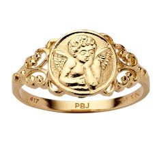 PRICES MAY VARY. 10k Yellow Gold; Contains .10 grams of 10k Gold; Ring can be resized Measures: 18 mm wide x 9 mm long x 2 mm high; Shank Width: 1.5 mm wide Includes gift box and drawstring pouch PalmBeach Jewelry exclusive. Our inspiring solid 10k gold guardian angel cherub ring features lovely swirled detailing and a sculpted cherub center. A ring to delight any age. Sizes 5-10. - 188468 Angel Ring, Angel Cherub, Palm Beach Jewelry, Coin Ring, Jewelry Lookbook, Ring Sizes, Guardian Angel, Jewelry Inspo, 10k Gold