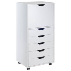 a white cabinet with five drawers on wheels