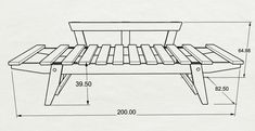 a drawing of a bench made out of wooden planks with measurements for the seat and back