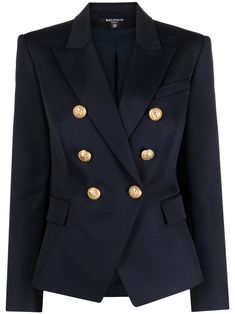 double-breasted wool blazer from Balmain featuring navy blue, wool, embossed gold-tone buttons, peak lapels, double-breasted button fastening, fitted waistline, long sleeves, chest welt pocket and two front flap pockets. This item is in size 38 and the color is Blue Marine Blue Color, Balmain Jacket, Outer Jacket, Lapel Blazer, Balmain Paris, Double Breasted Jacket, Blazer Outfits, Double Breasted Blazer, Navy Blue Color