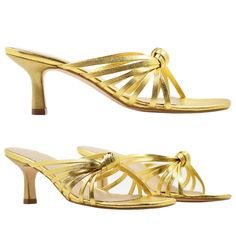 Metallic Gold Leather Crisscross Mercedes Heels, Made in Spain Leather Wear, Gold Leather, Metallic Leather, Metallic Gold, Shoe Collection, Criss Cross, Jumpsuit Dress, Gold Metal, Heel Height