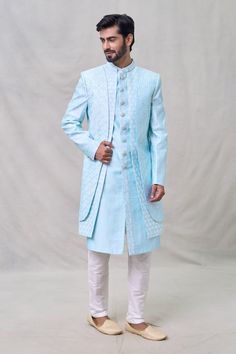 Sky blue layered sherwani with thread, sequin embroidery in checkered pattern. Paired with off-white aligadhi pant. - Aza Fashions Trellis Art, Blue Sherwani, Sequin Embroidery, Sequins Embroidery, Silk Embroidery, Full Sleeves, Blue Art, Checkered Pattern, Mandarin Collar