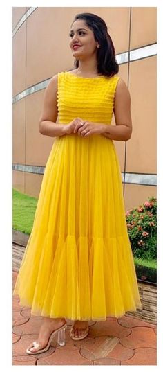 Haldi Kurtis For Women, Haldi Frocks, Amrela Dress Design Simple, Yellow Saree Dress Gowns Ideas, Haldi Frock Design, Anakarli Dress, Haldi Dresses For Women, Long Frock Designs For Women Party, Yellow Frock For Haldi