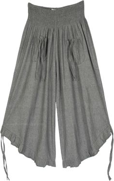 A pair of cropped pants, culottes, featuring a smocked elastic waistband, 2 front tie pockets, and tie ruffle leg opening made from oxford cotton chambray fabric.  The front pockets come with a functional tie-up string that gives it a bohemian look. #tlb #WideLegCulottes #Pocket #vacationclothing #beachwrap #bohemianfashion #GreyCulottePants #CottonCulottes #Widelegpants Casual Cotton Culottes For Spring, Spring Cotton Culottes With Elastic Waistband, Cotton Paperbag Waist Bottoms For Loungewear, Cotton Wide-leg Capris With Pockets, Summer Ruffle Pants With Relaxed Fit, Fall Cotton Capris With Elastic Waistband, Wide-leg Cotton Capris With Pockets, Casual Ruffled Relaxed Fit Pants, Summer Ruffled Relaxed Fit Pants