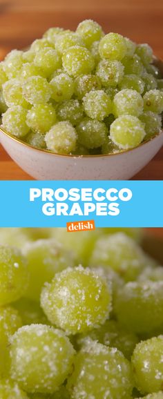 green grapes are in a bowl on a wooden table and the words proseco grapes below it