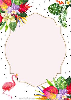 a pink flamingo surrounded by tropical flowers and leaves on a white background with polka dots