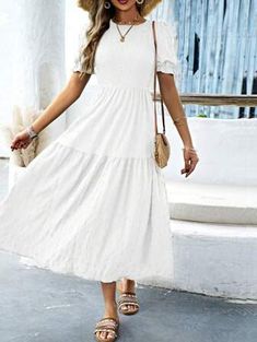 SHEIN VCAY Women's Flattering Short Puff Sleeve Dress With Ruffled Hem | SHEIN USA Casual Flowy Tiered Boho Dress, Flowy Tiered Peasant Dress For Summer, Casual Beach Peasant Dress With Ruffles, Bohemian Puff Sleeve Maxi Dress For Vacation, Casual Boho Dress With Ruffle Hem, Bohemian Flowy Maxi Dress With Puff Sleeves, Casual Billowy Maxi Dress With Puff Sleeves, Casual Maxi Dress With Puff Sleeves And Ruffles, Casual Summer Peasant Dress With Puff Sleeves