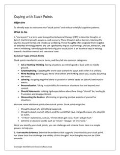 A “stuck point” is a term used in cognitive-behavioral therapy (CBT) to describe thoughts or beliefs that limit growth, progress, and recovery. These thoughts act as barriers, blocking the journey toward mental and emotional well-being. This worksheet explains common types of “stuck points” such as mind-reading, person Stuck Points Therapy, Decatastrophizing Worksheet, Thought Spiral, Tf Cbt, Counseling Skills, Cognitive Behavior Therapy