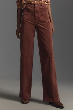 Cut from PAIGE's ultra-soft velvet corduroy (with just the right amount of stretch!), Sasha is a high-rise, wide-leg pant designed with perfectly placed patch pockets. | Sasha Corduroy High-Rise Wide-Leg Jeans by PAIGE in Brown, Women's, Size: 24, Cotton/Elastane/Modal at Anthropologie Chic Corduroy Wide-leg Pants, Velvet Wide Leg Pants For Work, Brown Wide Leg Jeans, Thrift List, High Rise Wide Leg Jeans, Pants Design, Corduroy Pants, Fall Wardrobe, Soft Velvet