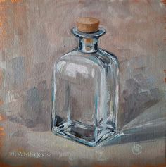 a painting of a glass bottle with a cork top