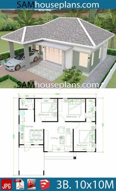 two story house plan with 3 bedroom and 2 bathrooms in the front, an open floor plan