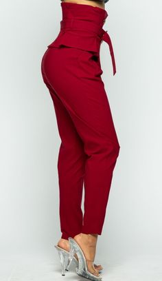 Burgundy High Waist Pants Belted Skinny Pants Pleated Stretch Zipper 70% RAYON 26% NYLON 4% SPANDEX Chic High-waisted Tie Waist Pants, Chic High-waisted Pants With Tie Waist, Chic Tie Waist Bottoms For Workwear, Chic Workwear Bottoms With Tie Waist, Tapered Leg Work Pants With Belt Loops, Solid Tapered Leg Work Pants With Belt Loops, High Waist Harem Pants For Fall, Casual Belted Ankle-length Pants, High Waist Harem Pants For Fall Workwear