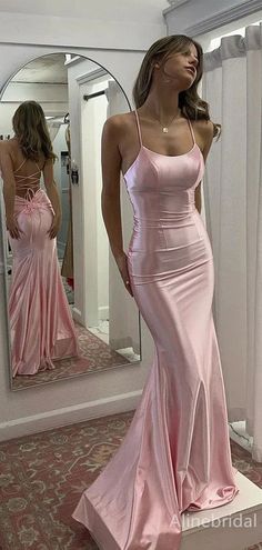 Elegant Pink Spaghetti Strap Mermaid Long Prom Dress,PD37923 – AlineBridal Light Pink Simple Dress, Pink Prom Dresses Satin, Stile Blair Waldorf, Prom Dress With Train, Stile Hijab