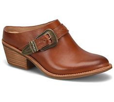 Give your look a Western-inspired kick with these luxe leather mules charmed with buckled accents and stitched details. From Sofft. Fall Workwear Mules With Buckle Closure, Workwear Buckle Closure Mules For Fall, Workwear Buckle Closure Fall Mules, Workwear Fall Buckle Closure Mules, Western Leather Mules With Pointed Toe, Western Style Leather Mules With Pointed Toe, Leather Mules With Buckle Closure For Work, Closed Toe Mules With Buckle For Work, Faux Leather Slip-on Mules With Stacked Heel