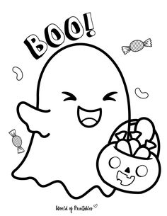 a cartoon ghost holding a pumpkin with boo on it's back and the word boo above