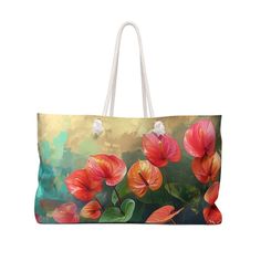 Stylish Weekender Tote Bag With Anthurium Flower Designer Tote Bag Personalized Modern T-bottom Shoulder Bag by Agnes Pembroke - Etsy Multicolor Flower Shaped Shoulder Bag For Travel, Green Floral Print Rectangular Bag, Multicolor Floral Print Vacation Bags, Flower Shaped Multicolor Travel Shoulder Bag, Rectangular Travel Bag With Floral Print, Tropical Rectangular Bags For Daily Use, Tropical Style Tote Bag For Daily Use, Green Floral Print Beach Bag, Rectangular Floral Print Beach Bag For Travel