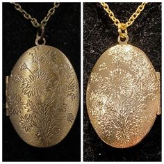 Necklace is gold, or antique bronze in color Measures 18, or 24 inches in length Locket measures 1.5 inches in length and 1 inch in width Gold Brass Locket Necklace For Formal Events, Formal Gold Brass Locket Necklace, Gold Brass Locket Necklace For Formal Occasions, Gold Metal Locket Necklace For Wedding, Gold Metal Flower Necklace For Wedding, Antique Gold Metal Locket Necklace, Elegant Gold Locket Necklace With Antique Finish, Gold Oval Brass Necklaces, Gold Oval Brass Necklace