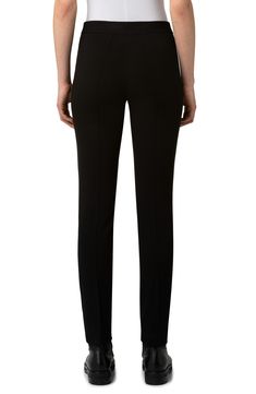 Pressed creases define the lean, tailored silhouette of slim pants rendered in a dense jersey knit. Style Name:Akris Punto Stretch Jersey Pants. Style Number: 658490. Fitted Straight Silhouette Evening Bottoms, Fitted Straight Silhouette Bottoms For Evening, Fitted Bottoms With Straight Silhouette For Evening, Black Elastane Dress Pants With Straight Silhouette, Black Straight Silhouette Dress Pants, Straight Silhouette Stretch Elastane Pants, Tailored Elastane Pants With Straight Silhouette, Stretch Elastane Dress Pants With Straight Hem, Stretch Elastane Pants With Straight Silhouette