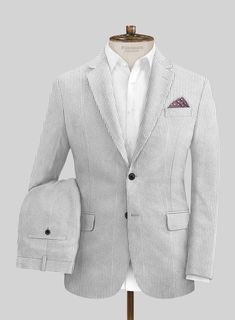 If you're all about switching up your style every day, you absolutely need to check out our Gray Seersucker Suit. Crafted from pure cotton with breathable seersucker fabric, it ensures you stay as cool as a cucumber even when the weather cranks up the heat. Flaunting stylish vertical stripes in shades of gray and white, this suit guarantees that your day is nothing short of fabulous. Whether it's a wedding, the office, a beach bash, or a casual hangout, this suit expects to turn heads and ensure Summer Cotton Business Suits, Summer Cotton Suits With Welt Pockets, Tailored Striped Linen Blazer, Pinstripe Linen Blazer With Notch Lapel, Summer Cotton Suits With Long Sleeves, Pinstripe Cotton Blazer For Workwear, Pinstripe Cotton Blazer For Work, Summer Cotton Suit For Business Casual, Casual Tailored White Suits