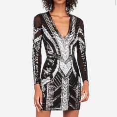 Express Black/Silver/Darkgray Sequin Mini Dress W/Long Sleeves, Deep V Neck Size: Small Purchase Of Dress Comes With Express Garment Bag! Brand New With Tag! Luxury Collection, Garment Bag, Sequin Mini, Sequin Mini Dress, Bag Brand, Long Sleeve Mini, Express Dresses, Long Sleeve Mini Dress, Mini Black Dress