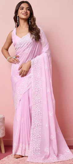 Pink and Majenta color Saree in Organza Silk fabric with Embroidered, Thread work Party Wear Traditional, Reception Saree, Reception Lehenga, Engagement Reception, Brown Fits, Sequence Work, Georgette Fabric, Traditional Sarees, Party Wear Sarees