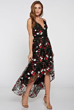 Women's Pretty 'Coming Up Roses' Black Floral Hi Lo Midi Cocktail Dress – Social Butterfly Couture Floral Embroidered Cocktail Dress, Butterfly Couture, Unique Cocktail Dress, Boho Cocktail Dress, Fall Cocktail Dress, Posh Clothing, Floral Embroidery Dress, Roses Black, Floral Prom Dresses