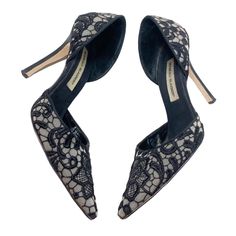 Manolo Blahnik Shoes Women’s Lignon Fabric Black Lace D'orsay High Heels Size 39 Gorgeous designer heels in excellent preowned condition. See photos for specific details and signs of wear. Black fabric with lace details. D’Orsay style. Hand made in Italy. Celebrity favorite. Heel height is 105 MM (approximately 4. 1/4 inches) Includes original box and dust bag. Original price $745 Pointed Toe Court Shoes With 4-inch Heel For Galas, Evening Heels With Branded Heel Counter And Closed Toe, Evening Court Shoes With Leather Sole And Closed Toe, Evening Open Toe Court Shoes With Reinforced Heel, Evening Court Shoes With Leather Sole, Luxury Low Heel Formal Heels, Formal Open Heel Leather Sole Heels, Formal Open Heel Shoes With Leather Sole, High Heel Court Shoes With Leather Sole For Evening