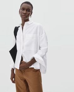 The Boxy Oxford White – Everlane Spring Boxy Workwear Tops, Spring Boxy Tops For Workwear, Modern Boxy Fit Tops For Workwear, Oversized Tops With Straight Hem For Work, Oversized Straight Hem Tops For Work, Oversized Tops For Workwear With Straight Hem, White Workwear Top With Patch Pockets, Oversized Business Casual Tops With Pockets, Oversized Tops With Button Cuffs For Business Casual